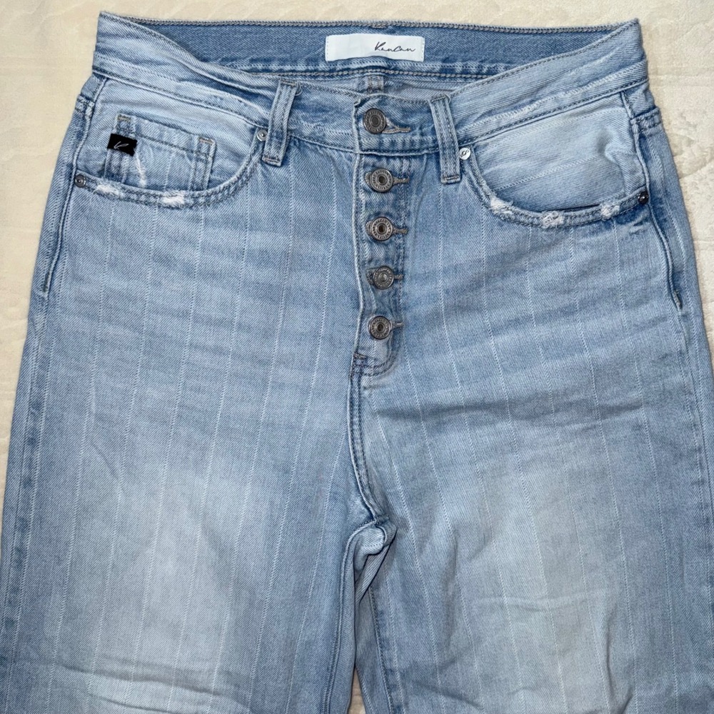 Kancan LIGHT DENIM PIN STRIPE MULTI BUTTON WIDE LEG JEANS - Picture 3 of 5